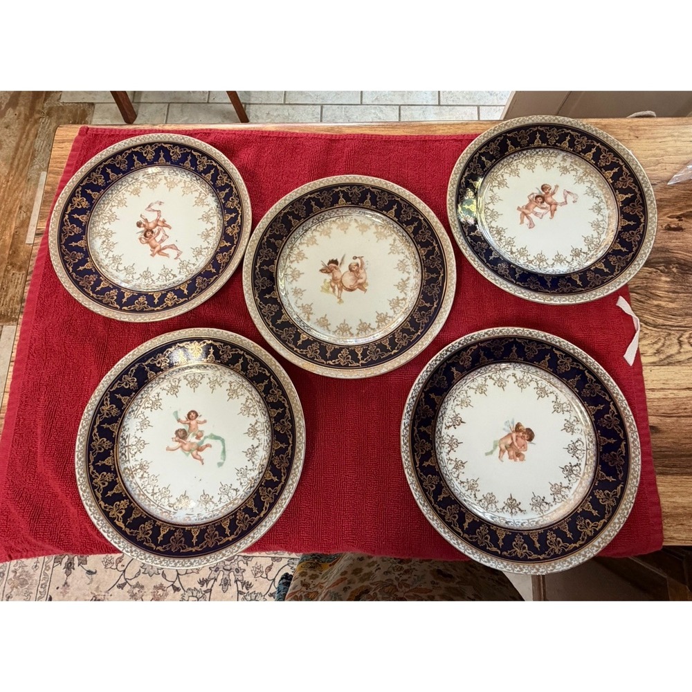 5 Antique Victoria Austria 8.5" Plates Cobalt Blue Gold Cherub Putti Angel